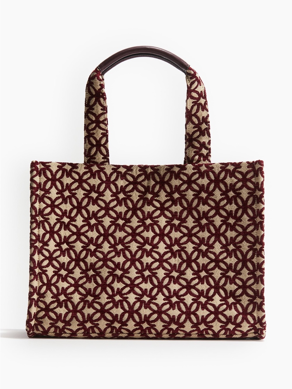 H&M Burgundy & Cream Patterned Cotton Blend Tote Bag